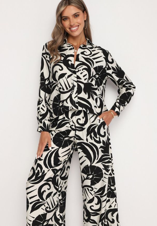 Born2be - Czarno-Biały Wiskozowy Komplet Koszula z Długim Rękawem i Szerokie Spodnie Xiseria. Kolor: czarny. Materiał: wiskoza