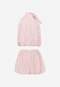 Born2be - Różowy Komplet z Bawełny i Wiskozy Top z Wiązaniem i Szorty o Kroju Bombki Nabeora. Kolor: różowy. Materiał: wiskoza, bawełna. Wzór: kropki #7