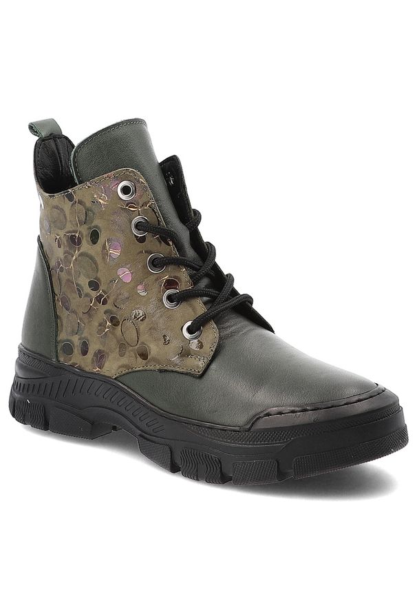 Khaki Botki Artiker Wygodne Obuwie Damskie. Okazja: na co dzień. Zapięcie: sznurówki. Kolor: zielony. Materiał: skóra. Styl: casual, elegancki