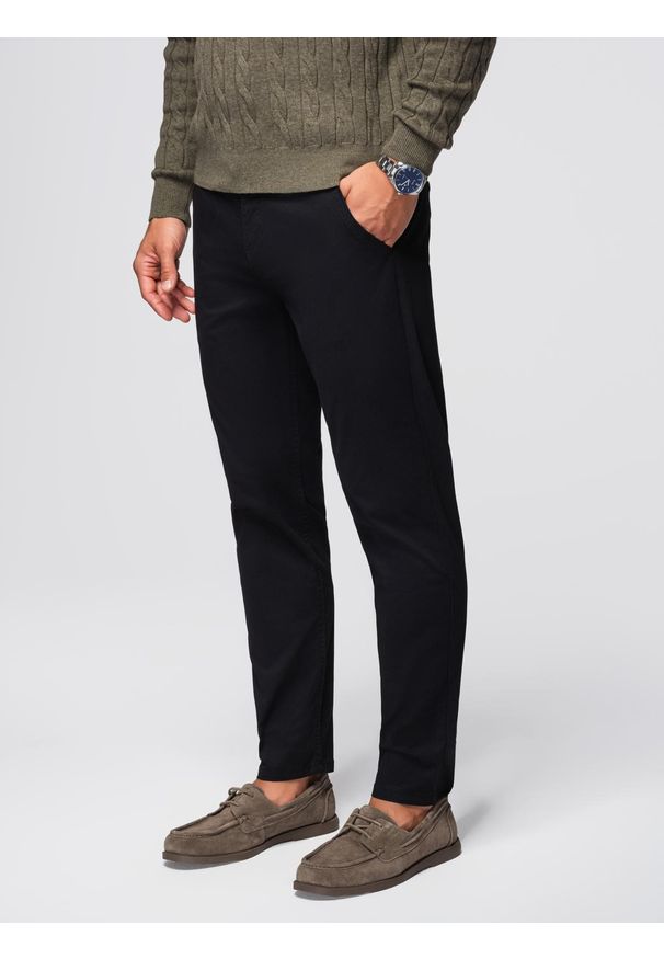 Ombre Clothing - Spodnie męskie chino z ozdobną taśmą w pasie SLIM FIT – czarne V1 - Rozmiar: XL. Okazja: na co dzień. Kolor: czarny. Materiał: bawełna, elastan. Styl: casual