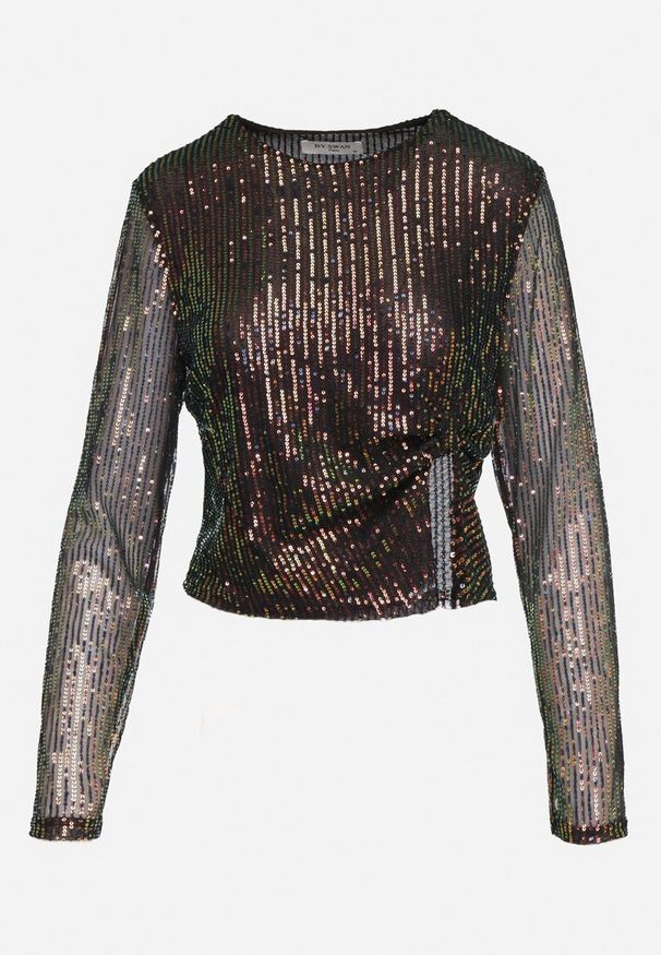 Born2be - Złoto-Czarna Siateczkowa Bluzka Ozdobiona Cekinami Nalitea. Okazja: na co dzień. Kolor: czerwony. Materiał: jeans. Wzór: aplikacja. Styl: elegancki, casual