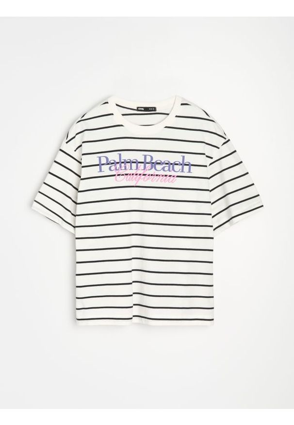 Sinsay - Bawełniana koszulka w paski z napisem Palm Beach California - wielobarwny. Materiał: bawełna. Wzór: paski, napisy