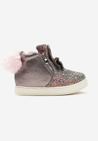 Born2be - Srebrne Botki na Ukrytym Koturnie z Brokatem Kokardą i Futrzanym Pomponem Mazidra. Okazja: na imprezę, na co dzień. Kolor: srebrny. Materiał: futro. Styl: casual