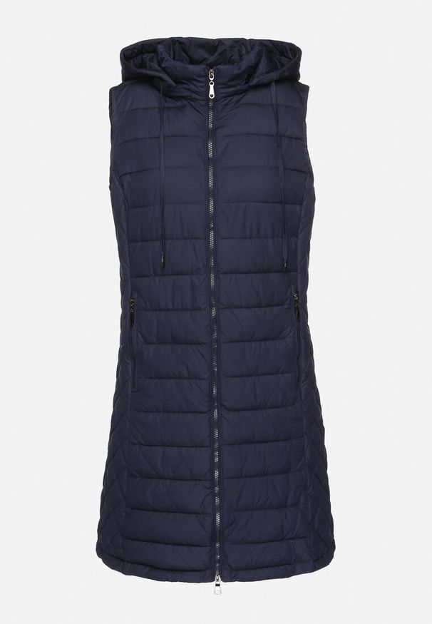 Born2be - Granatowa Kamizelka Pikowana z Odpinanym Kapturem Alaritha. Okazja: na co dzień. Kolor: niebieski. Materiał: jeans. Styl: casual, elegancki