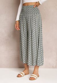 Renee - Granatowo-Zielone Szerokie Spodnie Bawełniane z Wysokim Stanem i Długością 7/8 Jorste. Stan: podwyższony. Kolor: niebieski. Materiał: bawełna #7