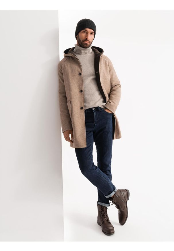 Ombre Clothing - Melanżowy długi męski płaszcz z kapturem – beżowy V2 - Rozmiar: XXL. Typ kołnierza: kaptur. Kolor: beżowy. Materiał: materiał, syntetyk, nylon, tkanina, poliester. Długość: długie. Wzór: melanż. Sezon: zima. Styl: elegancki