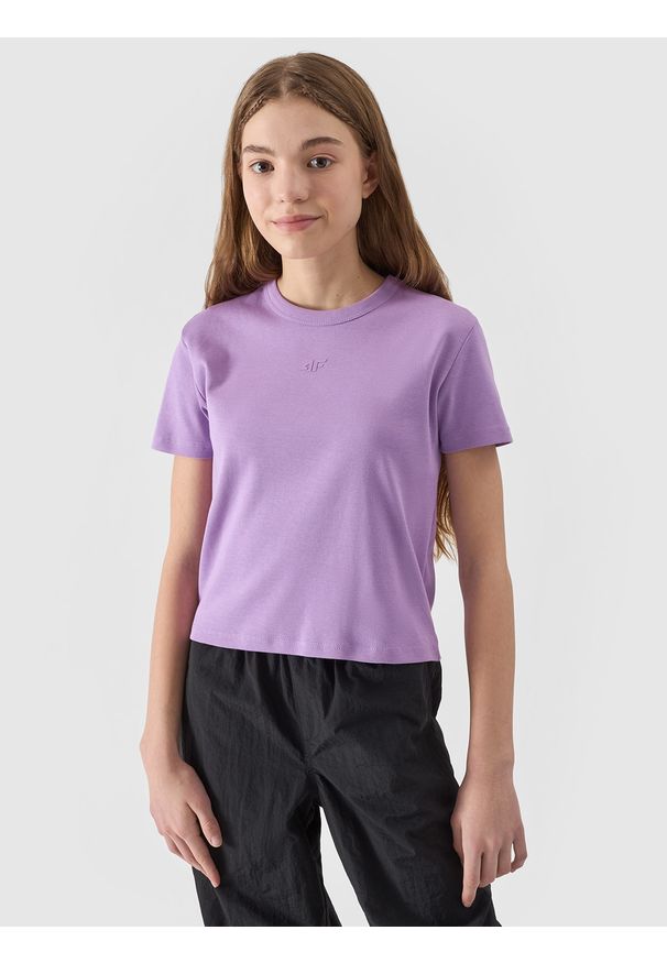 4f - 4F T-shirt gładki dziewczęcy - fioletowy 146 (10-11 lat). Okazja: na co dzień. Kolor: fioletowy. Materiał: bawełna, dzianina, materiał. Długość rękawa: krótki rękaw. Długość: krótkie. Wzór: gładki. Sezon: lato. Styl: sportowy, casual