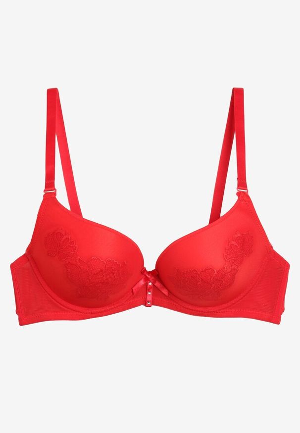 Renee - Czerwony Biustonosz Push Up Ozdobiony Kwiatowym Wzorem i Kokardką Amaril. Kolor: czerwony. Rodzaj stanika: push-up. Wzór: aplikacja, kwiaty
