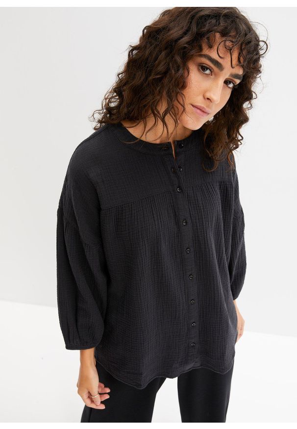 bonprix - Bluzka oversize z muślinu. Kolor: czarny. Materiał: bawełna