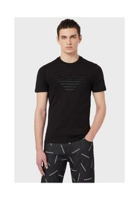 Emporio Armani - EMPORIO ARMANI T-shirt męski, czarny wyszywane logo. Kolor: czarny. Materiał: prążkowany, bawełna. Długość rękawa: krótki rękaw. Długość: krótkie