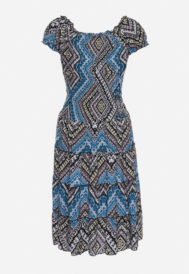 Born2be - Zielono-Czarna Sukienka Bawełniana Hiszpanka w Stylu Boho Raelinora. Typ kołnierza: dekolt hiszpanka. Kolor: zielony. Materiał: bawełna. Styl: boho