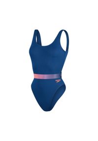 Strój pływacki jednoczęściowy damski Speedo Belted Deep U-Back. Kolor: niebieski, różowy, wielokolorowy. Materiał: lycra, poliester