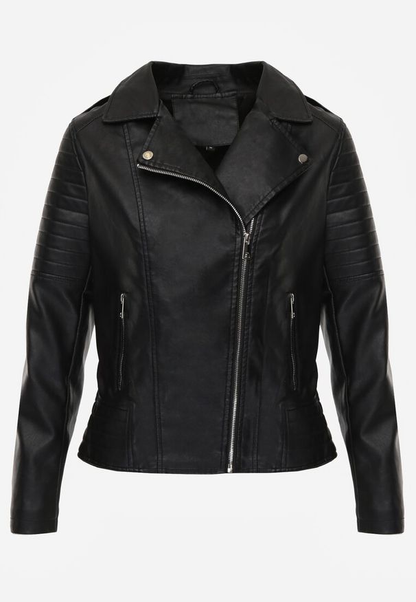 Renee - Czarna Motocyklowa Kurtka o Fasonie Ramoneski Chivi. Okazja: na co dzień. Kolor: czarny. Materiał: jeans, koronka, skóra, poliester. Styl: rockowy, klasyczny, casual