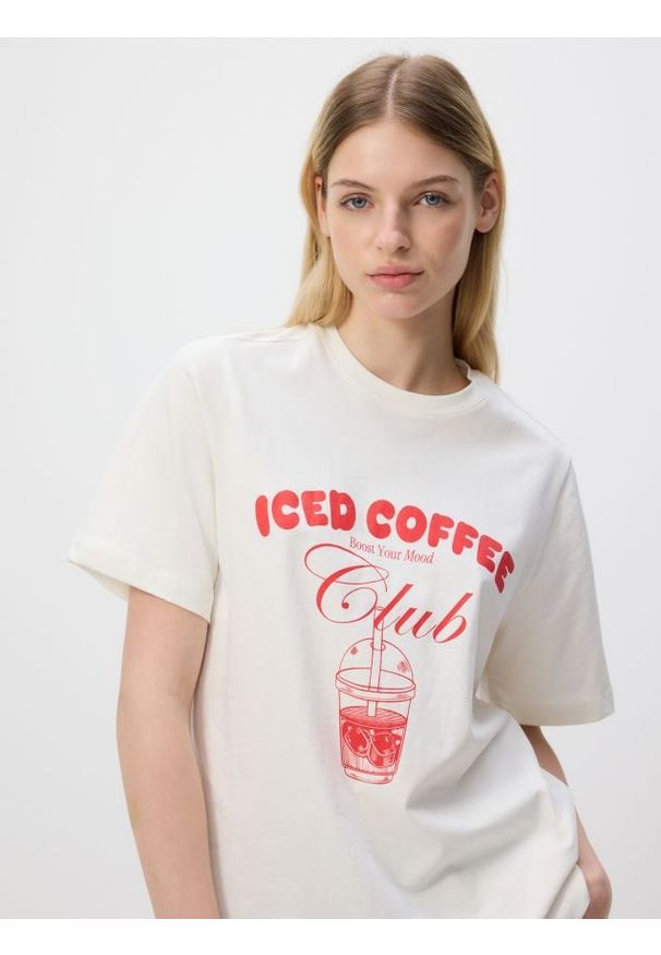 Reserved - T-shirt z nadrukiem - złamana biel. Materiał: bawełna, dzianina. Wzór: nadruk. Styl: klasyczny