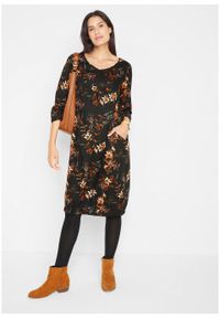 Sukienka z tkaniny bonprix czarno-brązowy mokka - biel wełny w roślinny deseń. Kolor: czarny. Materiał: wełna, tkanina #3