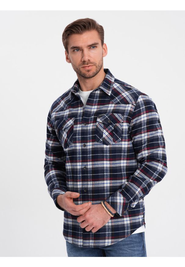 Ombre Clothing - Męska flanelowa koszula w kratę z kieszeniami - granatowo-czerwona V2. Kolor: czerwony. Materiał: bawełna. Długość rękawa: długi rękaw. Długość: długie. Styl: klasyczny
