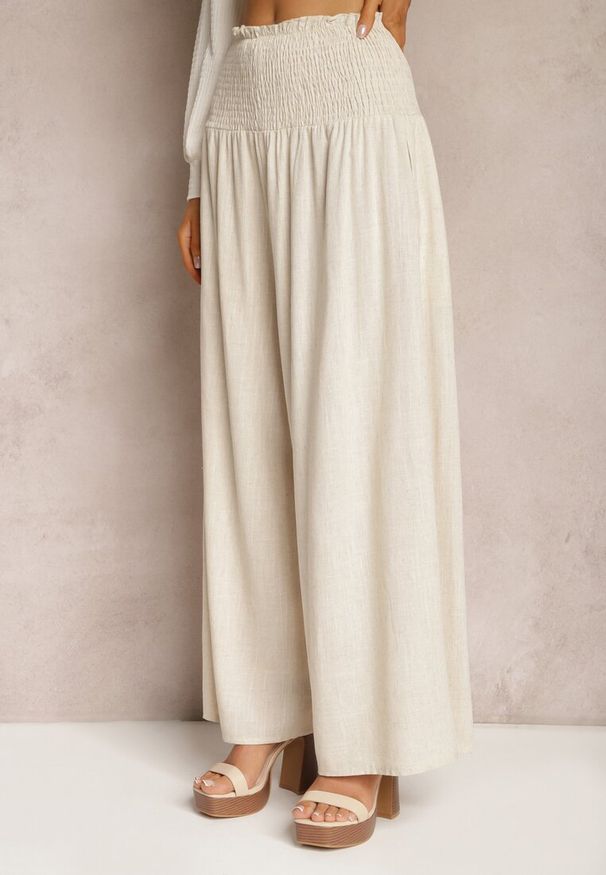 Renee - Beżowe Szerokie Spodnie Culottes z Bawełny z Gumką w Talii Ifletia. Kolor: beżowy. Materiał: bawełna. Styl: wakacyjny