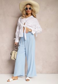 Renee - Jasnoniebieskie Spodnie Kuloty High Waist z Gumką w Talii Lipadre. Stan: podwyższony. Kolor: niebieski. Długość: krótkie #4