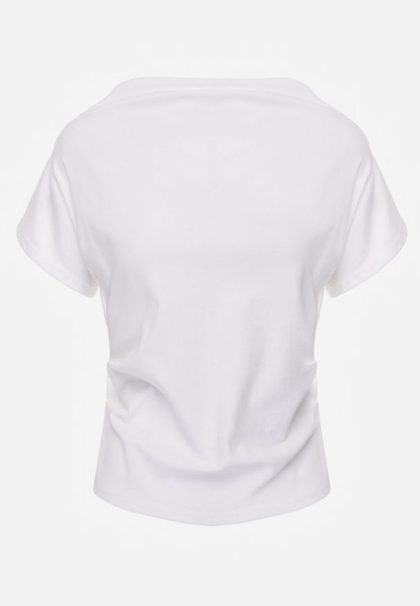 Born2be - Biały Bawełniany T-shirt z Marszczeniem w Talii i Dekoltem w Łódkę Savorith. Okazja: na co dzień, na spotkanie biznesowe, do pracy. Kolor: biały. Materiał: bawełna. Styl: casual, biznesowy, elegancki