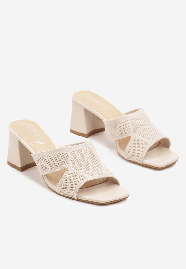 Born2be - Beżowe Klapki na Trapezowym Obcasie z Biżuteryjnym Zdobieniem Adivily. Okazja: na co dzień. Nosek buta: otwarty. Kolor: beżowy. Materiał: jeans. Wzór: aplikacja. Obcas: na obcasie. Styl: casual, elegancki. Wysokość obcasa: średni