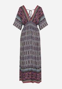 Born2be - Fioletowa Boho Sukienka z Szerokimi Rękawami z Gumką w Pasie i Wiązaniem na Plecach Piomina. Typ kołnierza: dekolt w kształcie V, choker. Kolor: fioletowy. Wzór: aplikacja. Styl: boho #3