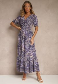 Renee - Fioletowa Rozkloszowana Sukienka z Bawełny Zdobiona Wzorem Paisley Folitea. Typ kołnierza: dekolt w serek. Kolor: fioletowy. Materiał: bawełna. Wzór: paisley, aplikacja. Sezon: wiosna #2