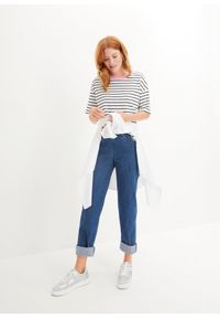 bonprix - T-shirt oversize z grubej bawełny organicznej. Typ kołnierza: kołnierzyk kontrastowy. Kolor: biały. Materiał: bawełna. Wzór: paski #3