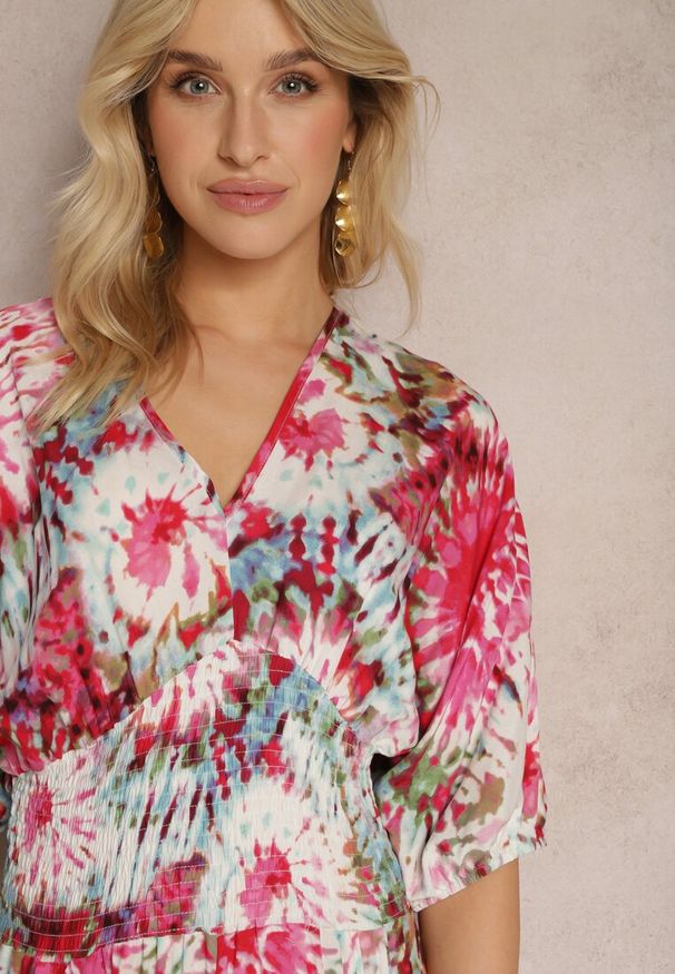 Renee - Różowo-Biały Wiskozowy Kombinezon w Stylu Boho z Gumkami w Pasie i Wiązaniem Sunilla. Kolor: różowy. Materiał: wiskoza. Sezon: lato. Styl: boho