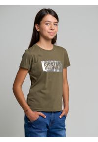 Big-Star - Koszulka dziewczęca z opalizującym nadrukiem khaki Oneidaska 303. Kolor: zielony. Materiał: jeans, bawełna, materiał. Wzór: nadruk. Styl: klasyczny #1