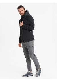 Ombre Clothing - Marynarka męska z podpinką z wysokim kołnierzem i kapturem – czarna V2 OM-BLZB-0133 - XXL. Typ kołnierza: kaptur. Kolor: niebieski. Materiał: dzianina, materiał, syntetyk, poliester. Wzór: aplikacja. Styl: elegancki #4