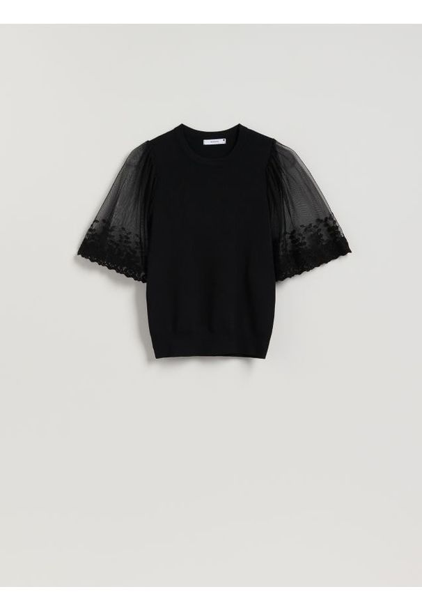 Reserved - Bluzka z ozdobnymi rękawami - czarny. Kolor: czarny. Materiał: wiskoza, dzianina