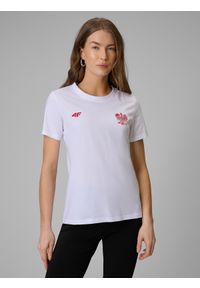 4f - 4F Koszulka kibica damska - biała XXL. Okazja: na co dzień. Kolor: biały. Materiał: dzianina, jersey, bawełna. Długość rękawa: krótki rękaw. Długość: krótkie. Wzór: gładki, nadruk, napisy, ze splotem. Styl: casual, klasyczny, sportowy #1