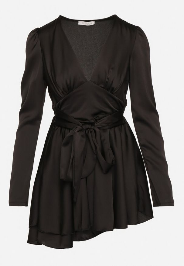 Born2be - Czarna Satynowa Sukienka Mini z Głębokim Dekoltem i Wiązaniem z Tyłu Liadan. Okazja: na imprezę. Kolor: czarny. Materiał: satyna. Styl: elegancki. Długość: mini