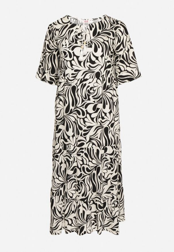 Born2be - Czarna Sukienka z Wiskozy o Prostym Kroju z Wiązaniem w Roślinny Wzór Edirania. Okazja: na co dzień. Typ kołnierza: dekolt w serek. Kolekcja: plus size. Kolor: czarny. Wzór: aplikacja. Typ sukienki: proste. Materiał: wiskoza. Długość rękawa: krótki rękaw. Styl: klasyczny, elegancki, casual