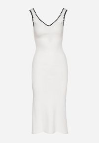 Born2be - Biała Sukienka Dzianinowa o Taliowanym Kroju na Ramiączkach z Lamówką Zenlimi. Okazja: na co dzień. Typ kołnierza: dekolt w kształcie V. Kolor: biały. Materiał: dzianina. Długość rękawa: na ramiączkach. Styl: casual, elegancki #6