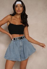 Renee - Niebieskie Szorty z Bawełny High Waist Ozdobione Paskiem Saromine. Okazja: na co dzień. Stan: podwyższony. Kolor: niebieski. Materiał: bawełna. Wzór: aplikacja. Styl: casual #5