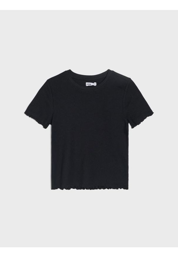 Sinsay - Prążkowana koszulka z ozdobnymi falbankami - czarny. Typ kołnierza: kołnierz z falbankami. Kolor: czarny. Materiał: prążkowany