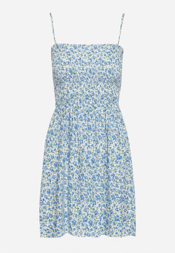 Born2be - Biało-Niebieska Sukienka Bawełniana na Ramiączkach z Gumką w Pasie Tessaray. Okazja: na co dzień. Typ kołnierza: dekolt kwadratowy. Kolor: biały. Materiał: bawełna. Długość rękawa: na ramiączkach. Sezon: lato. Styl: elegancki, casual, wizytowy