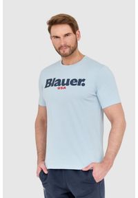 Blauer USA - BLAUER Błękitny męski t-shirt z dużym logo. Kolor: niebieski #5