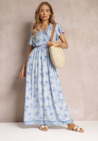 Renee - Niebieska Wiskozowa Sukienka z Metalicznym Wzorem i Gumką w Pasie Carinalia. Kolor: niebieski. Materiał: wiskoza #4