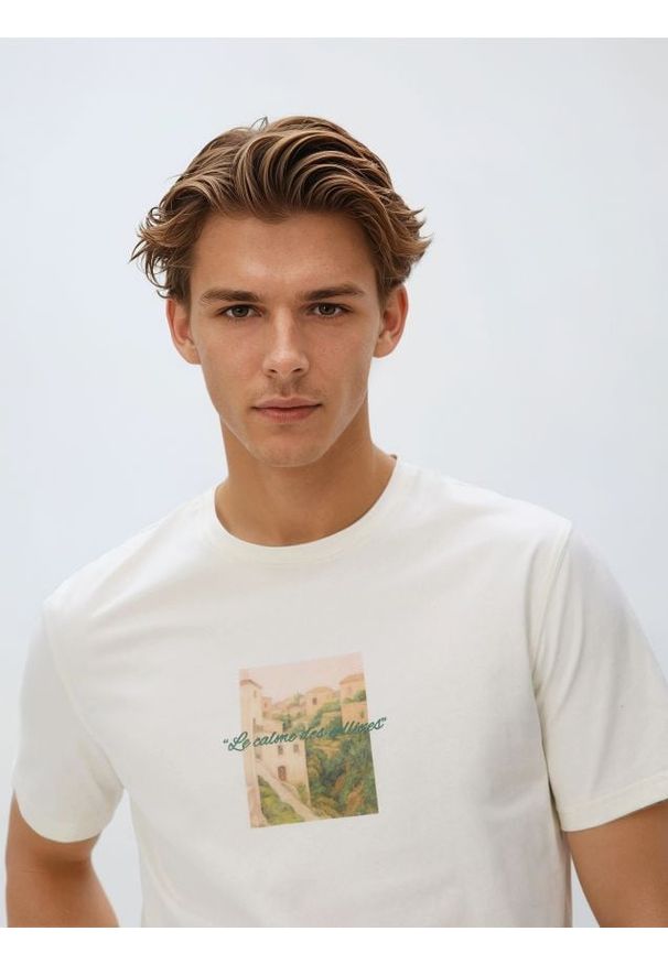 Reserved - T-shirt regular z nadrukiem - złamana biel. Materiał: bawełna, dzianina. Wzór: nadruk