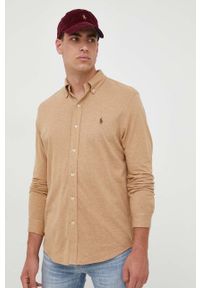 Polo Ralph Lauren koszula bawełniana męska kolor beżowy regular z kołnierzykiem button-down. Typ kołnierza: button down, polo. Kolor: beżowy. Materiał: bawełna. Długość rękawa: długi rękaw. Długość: długie. Wzór: gładki