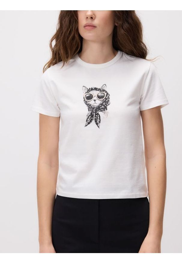 Reserved - T-shirt z nadrukiem - biały. Kolor: biały. Materiał: włókno, bawełna. Wzór: nadruk