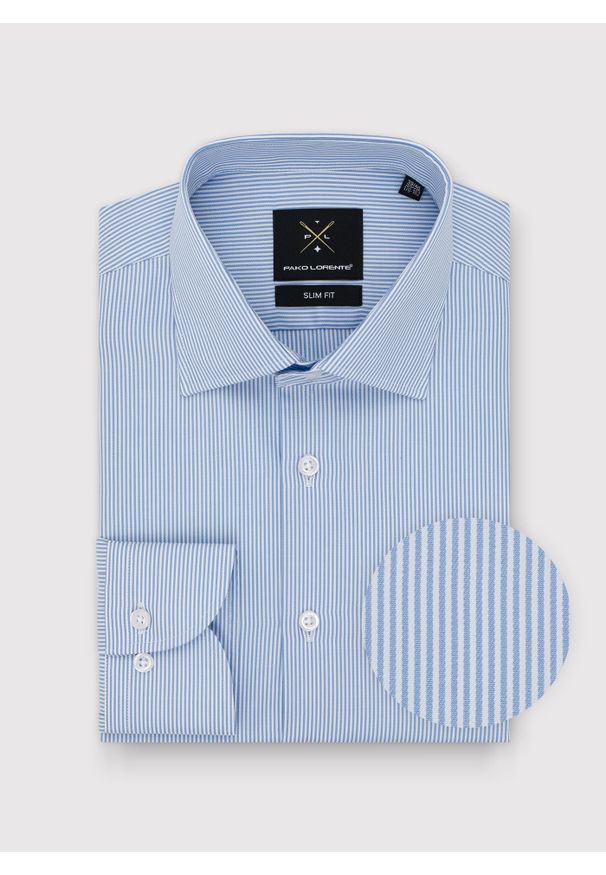 Pako Lorente - PAKO LORENTE – Bawełniana koszula męska w niebieskie paski. Kolor: niebieski. Materiał: bawełna. Długość rękawa: długi rękaw. Długość: długie. Wzór: paski