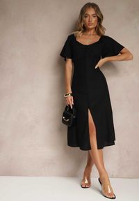 Renee - Czarna Bawełniana Sukienka z Wiązaniem i Guzikami Kolarissa. Okazja: na co dzień. Kolor: czarny. Materiał: bawełna. Typ sukienki: proste, koszulowe. Styl: elegancki, casual #3