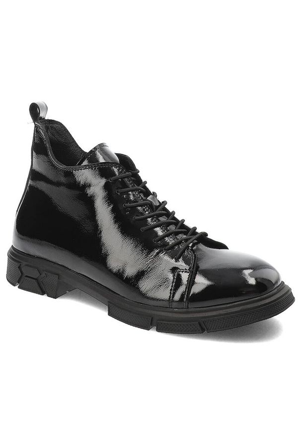 Czarne Botki Venezia Modne Buty Damskie. Kolor: czarny. Materiał: lakier, skóra. Styl: klasyczny