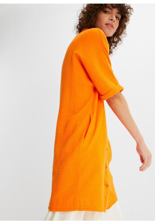 bonprix - Długa bluzka oversize z miękkiego muślinu. Kolor: pomarańczowy. Materiał: bawełna. Długość: długie