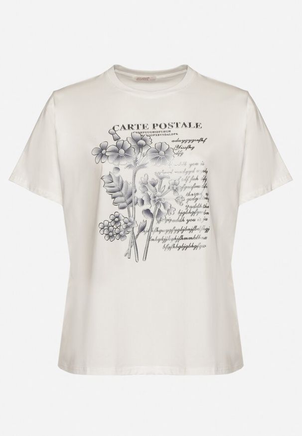 Born2be - Biały T-shirt z Bawełny z Metalicznym Nadrukiem Olianea. Okazja: na co dzień. Kolor: biały. Materiał: bawełna. Wzór: nadruk. Styl: klasyczny, casual