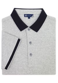 Lanieri Fashion - Męska szara koszulka polo KP19. Typ kołnierza: polo. Kolor: szary. Materiał: bawełna, poliester, materiał. Długość: krótkie. Wzór: kolorowy, kratka #1