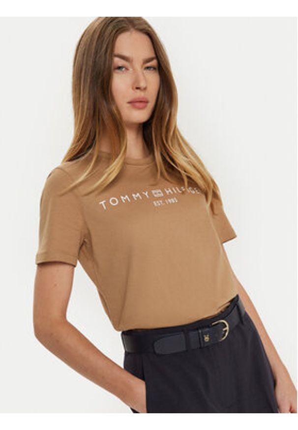 TOMMY HILFIGER - Tommy Hilfiger T-Shirt WW0WW40276 Beżowy Regular Fit. Kolor: beżowy. Materiał: bawełna